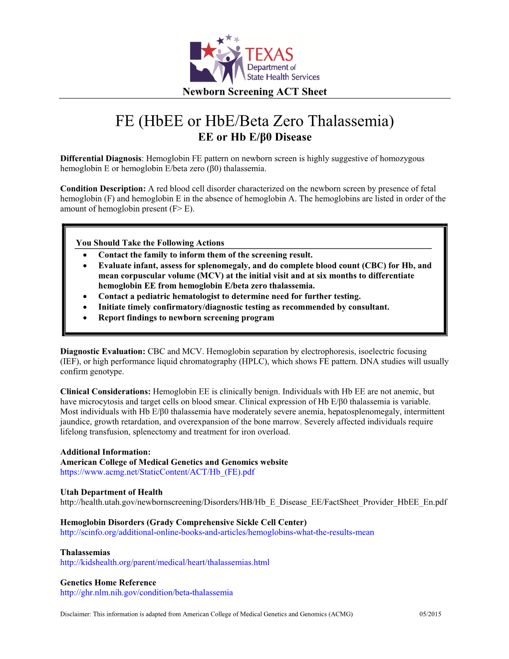 FE (Hbee Or Hbe/Beta Zero Thalassemia) Act & Fact Sheet