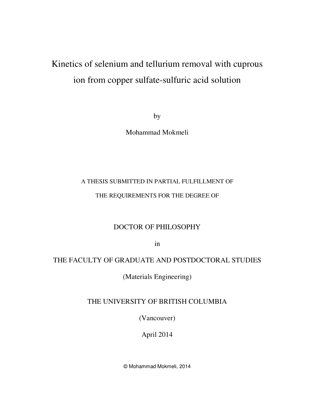 Kinetics of Selenium and Tellurium Removal with Cuprous Ion from Copper Sulfate-Sulfuric Acid Solution