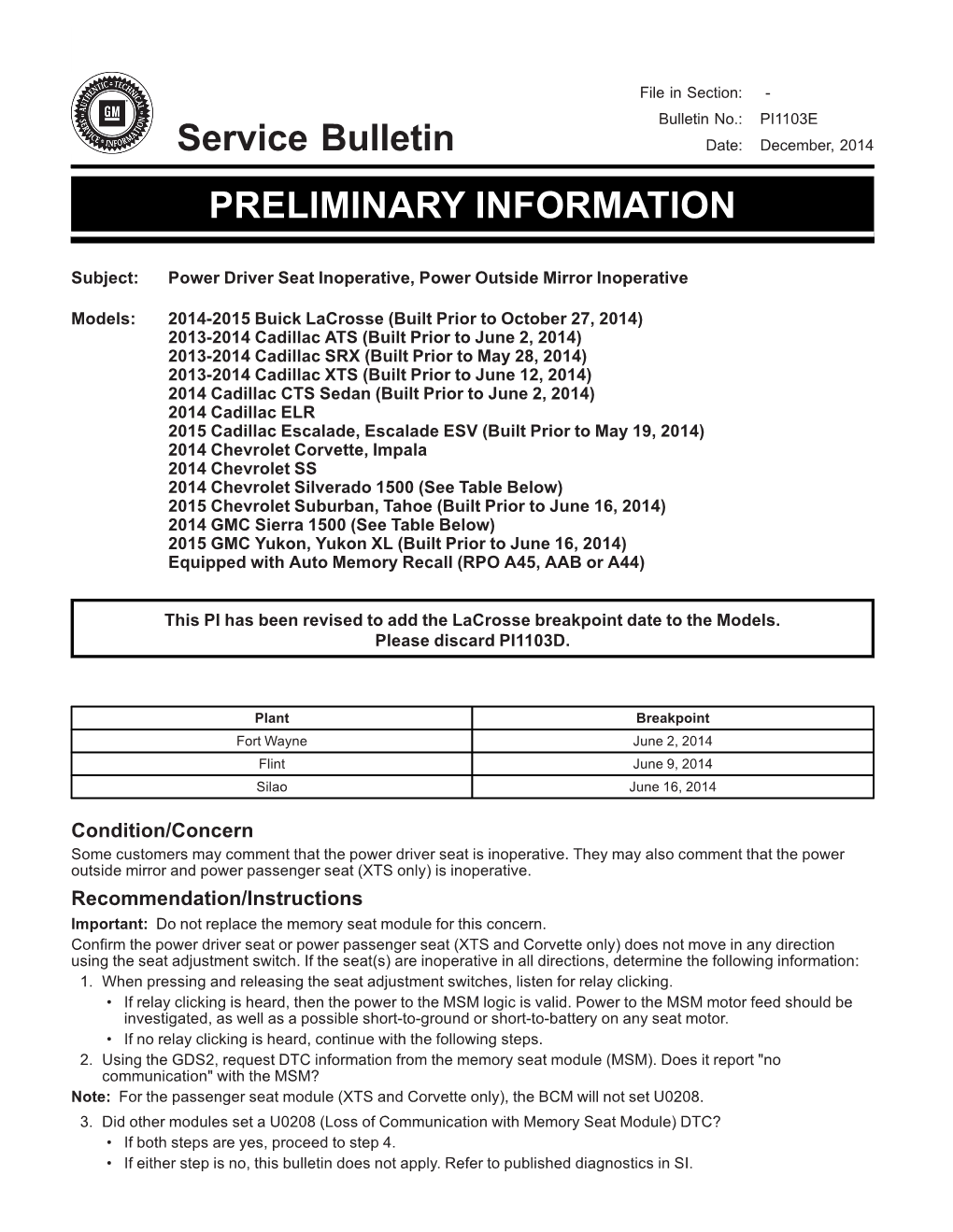 Service Bulletin PRELIMINARY INFORMATION