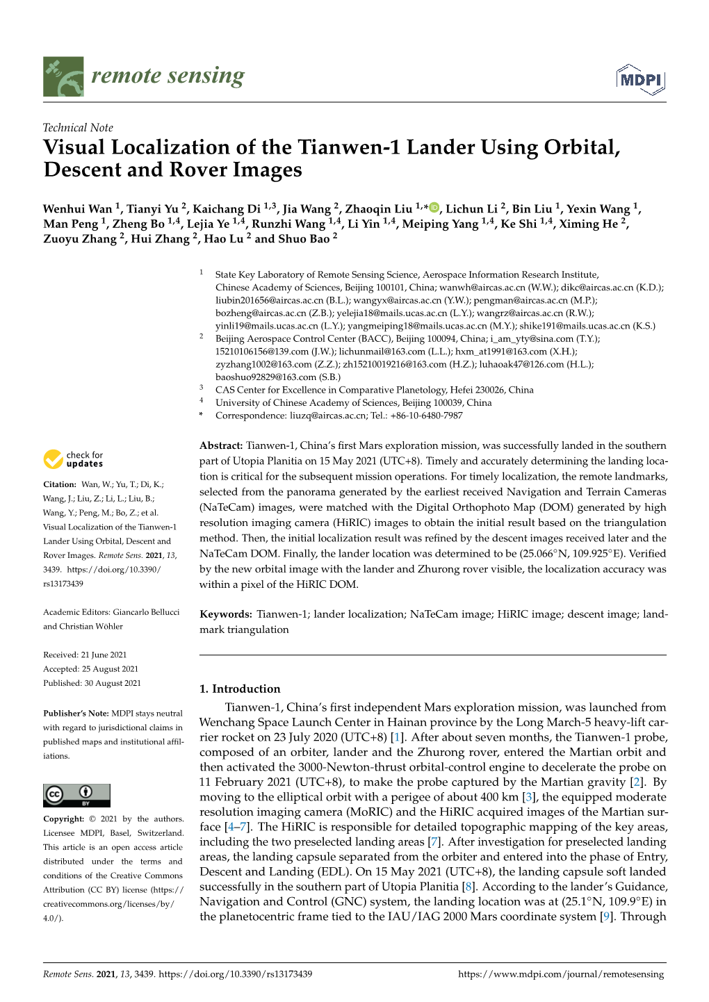 Visual Localization of the Tianwen-1 Lander Using Orbital, Descent and Rover Images