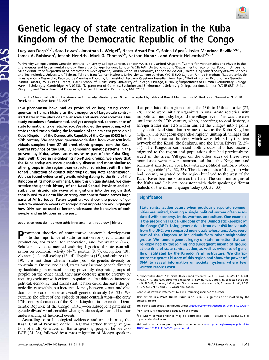 Genetic Legacy of State Centralization in the Kuba Kingdom of the Democratic Republic of the Congo