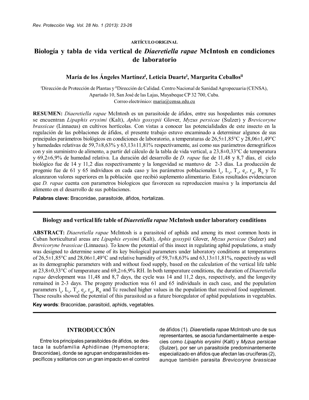 Biología Y Tabla De Vida Vertical De Diaeretiella Rapae Mcintosh En Condiciones De Laboratorio