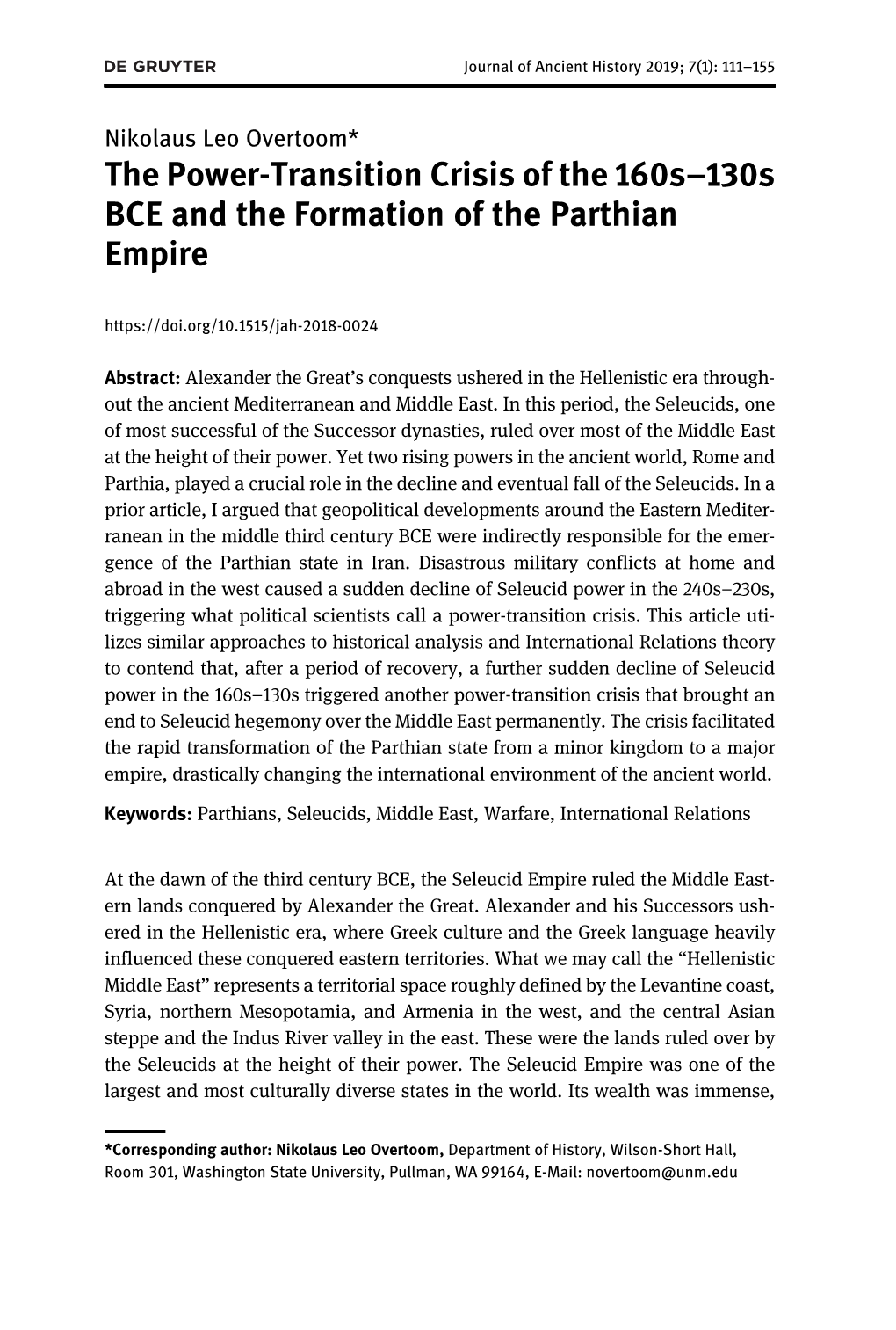 The Power-Transition Crisis of the 160S–130S BCE and the Formation of the Parthian Empire