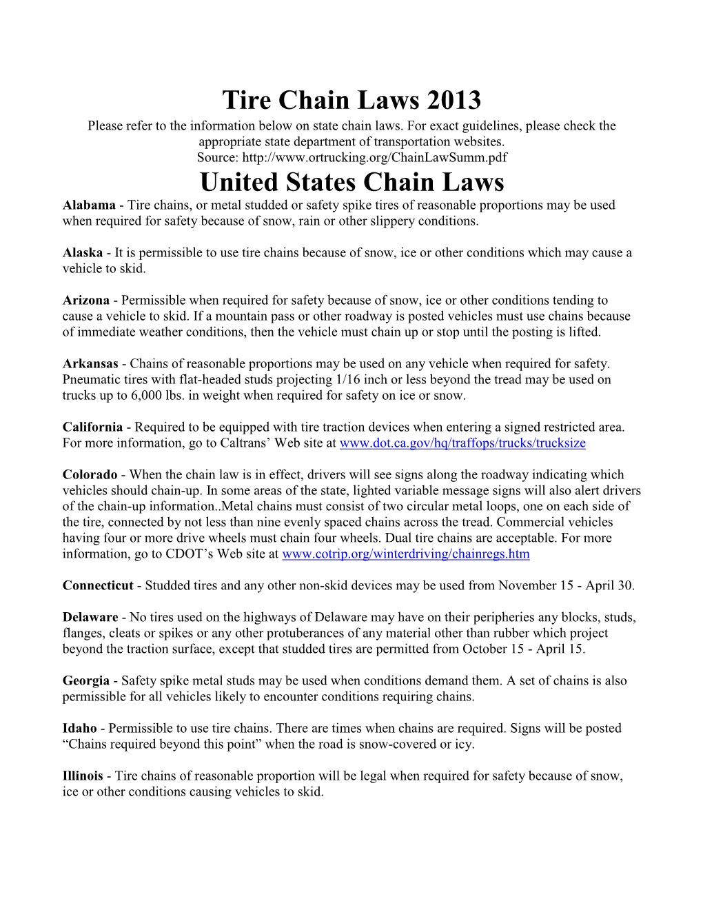 Tire Chain Laws 2013 Please Refer to the Information Below on State Chain Laws