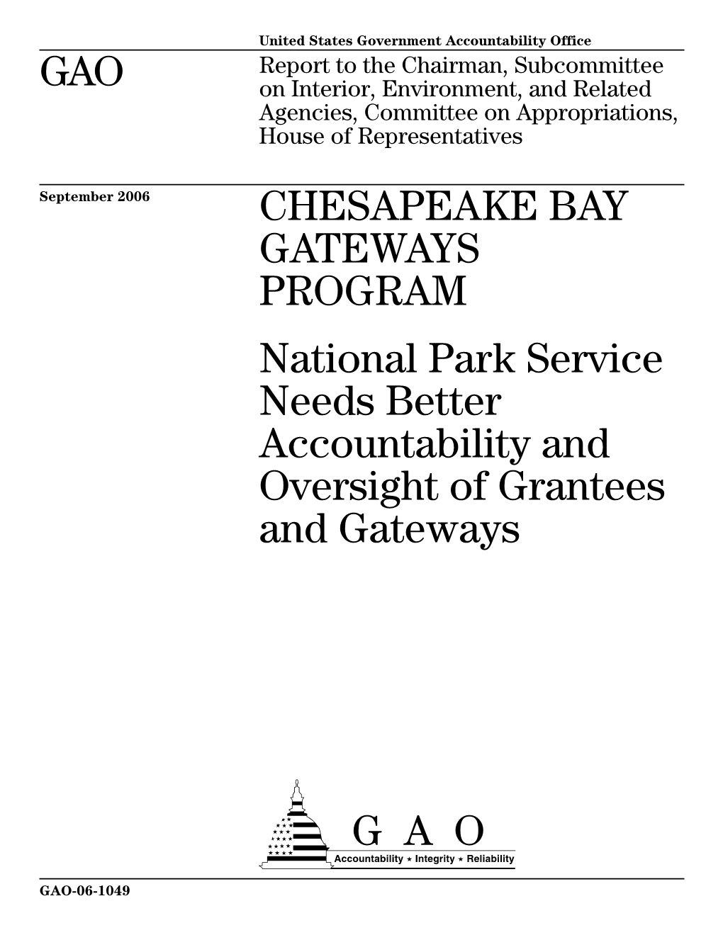 GAO-06-1049 Chesapeake Bay Gateways Program: National Park