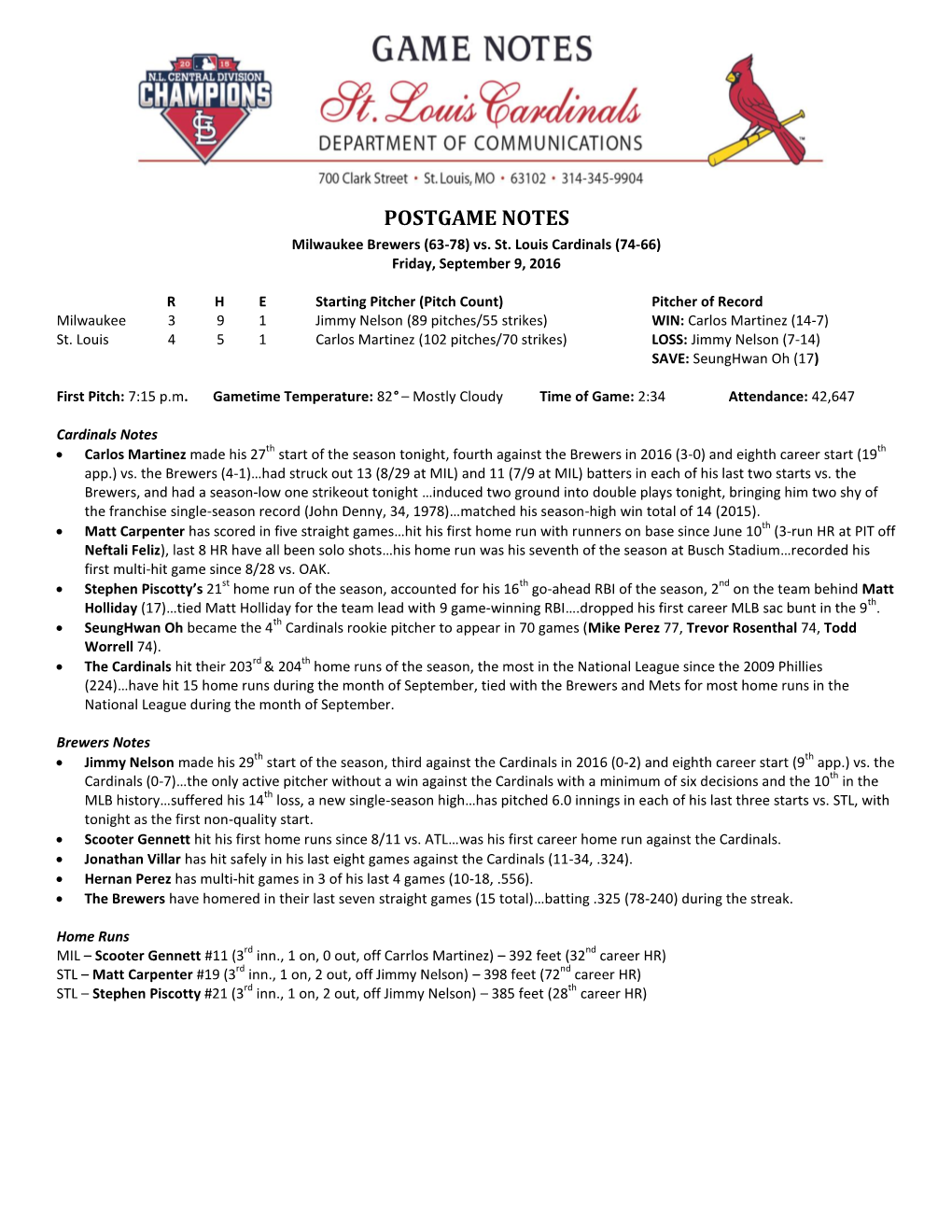 POSTGAME NOTES Milwaukee Brewers (63-78) Vs