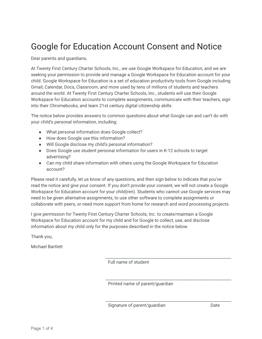 Google for Education Account Consent and Notice