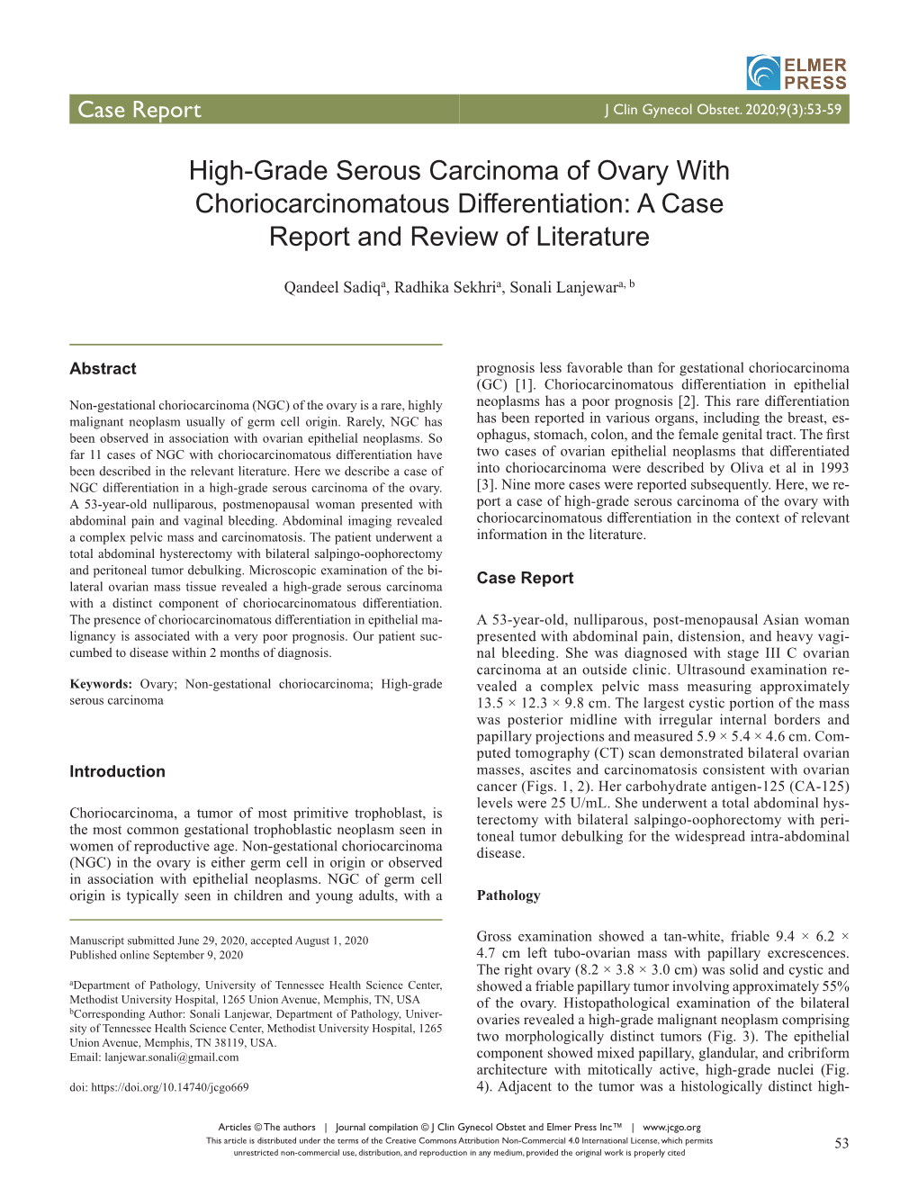 High-Grade Serous Carcinoma of Ovary with Choriocarcinomatous Differentiation: a Case Report and Review of Literature