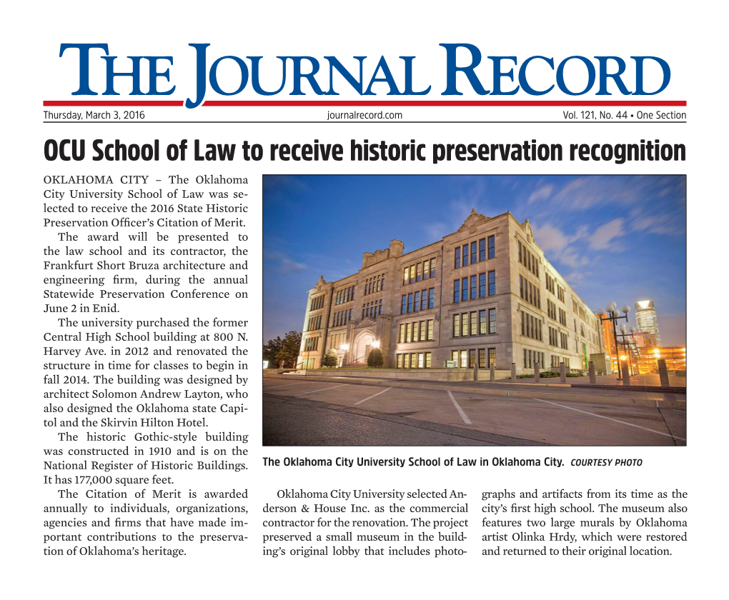 OCU School of Law to Receive Historic Preservation Recognition