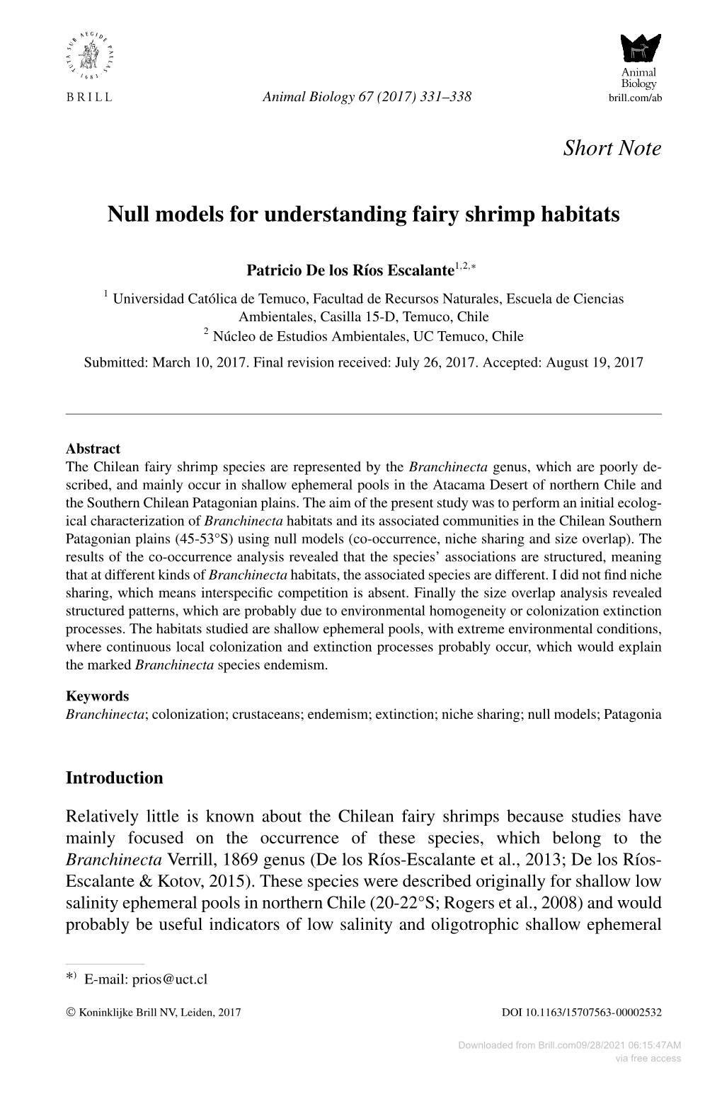 Short Note Null Models for Understanding Fairy Shrimp Habitats