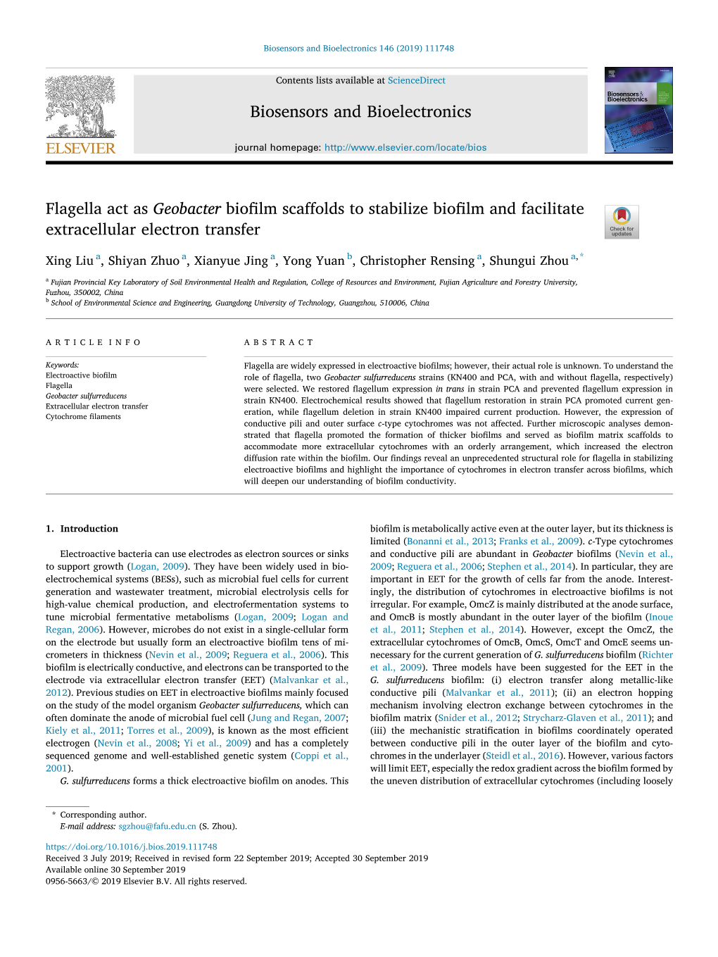 Flagella Act As Geobacter Biofilm Scaffolds to Stabilize Biofilm and Facilitate Extracellular Electron Transfer