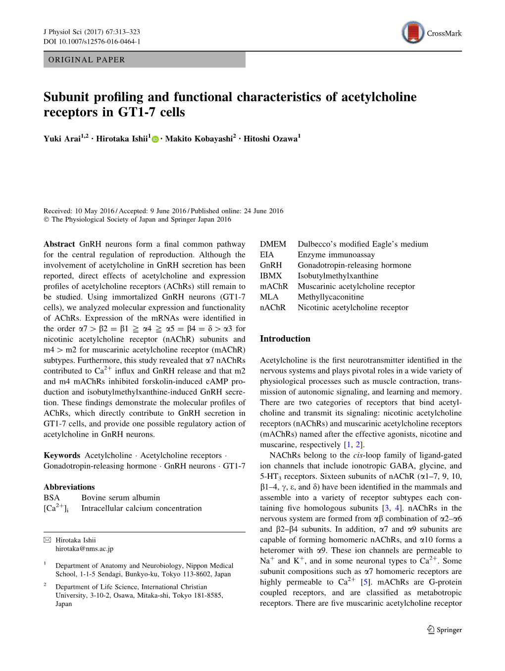 Subunit Profiling and Functional Characteristics of Acetylcholine Receptors in GT1-7 Cells