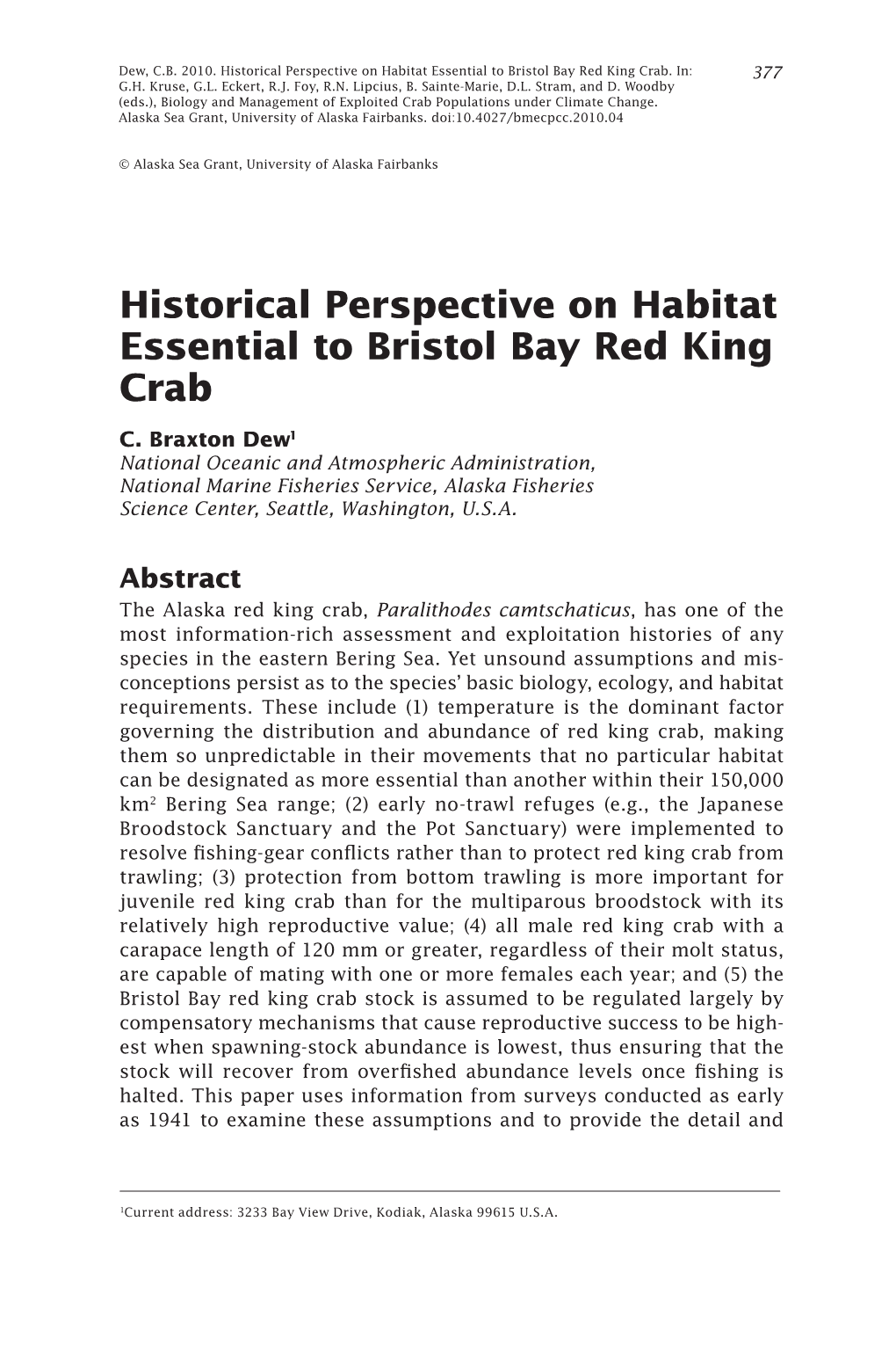 Historical Perspective on Habitat Essential to Bristol Bay Red King Crab