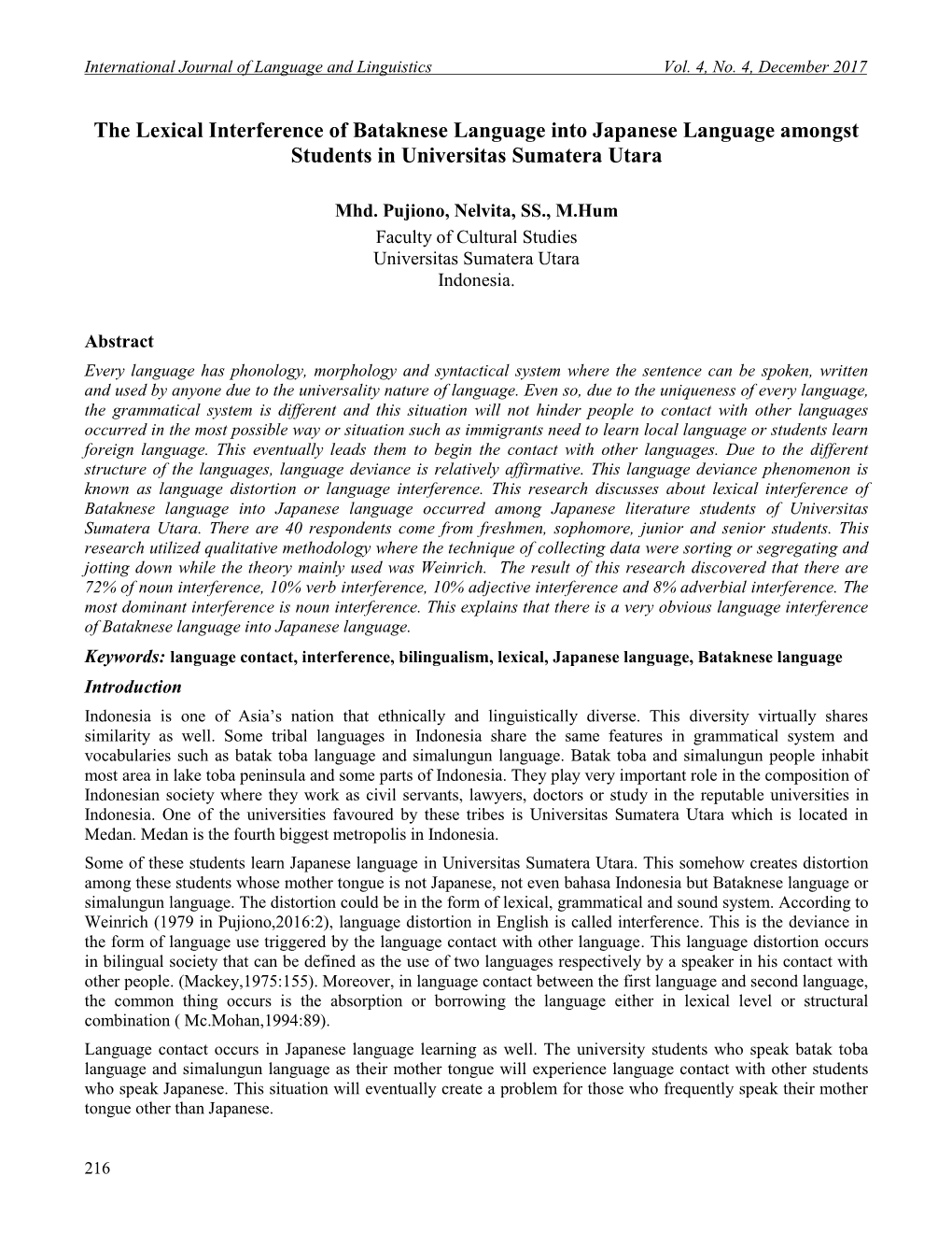 The Lexical Interference of Bataknese Language Into Japanese Language Amongst Students in Universitas Sumatera Utara