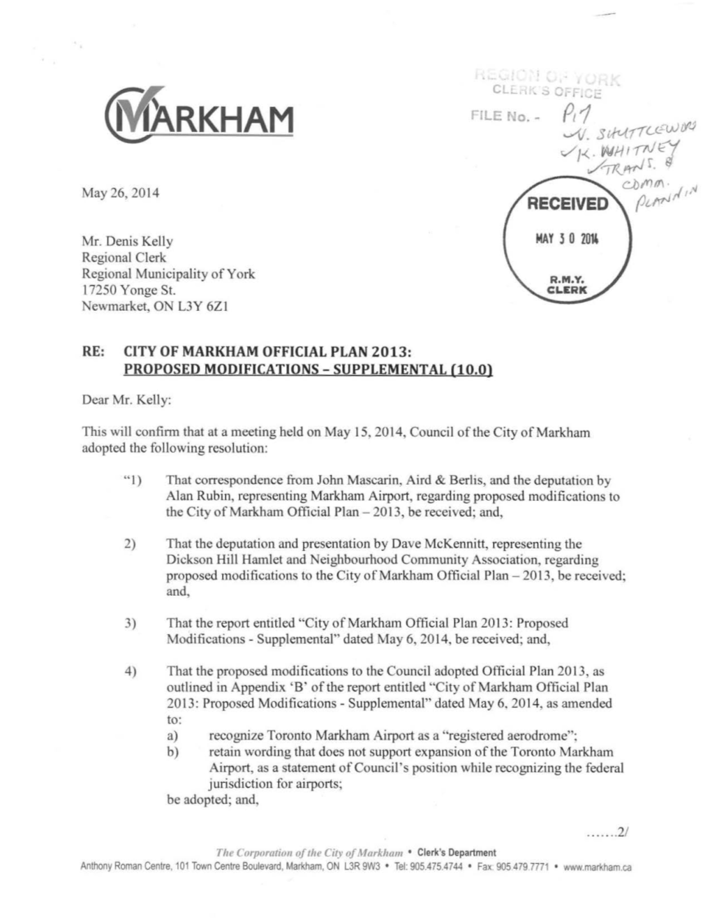 Markham Official Plan 2013: Proposed Modifications - Supplemental (10.0)