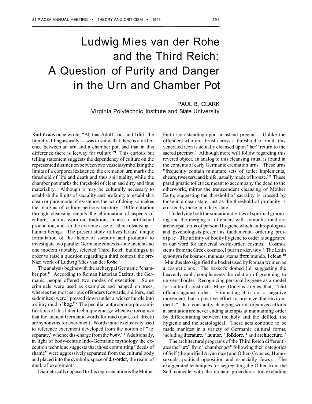 Ludwig Mies Van Der Rohe and the Third Reich: a Question of Purity and Danger in the Urn and Chamber Pot