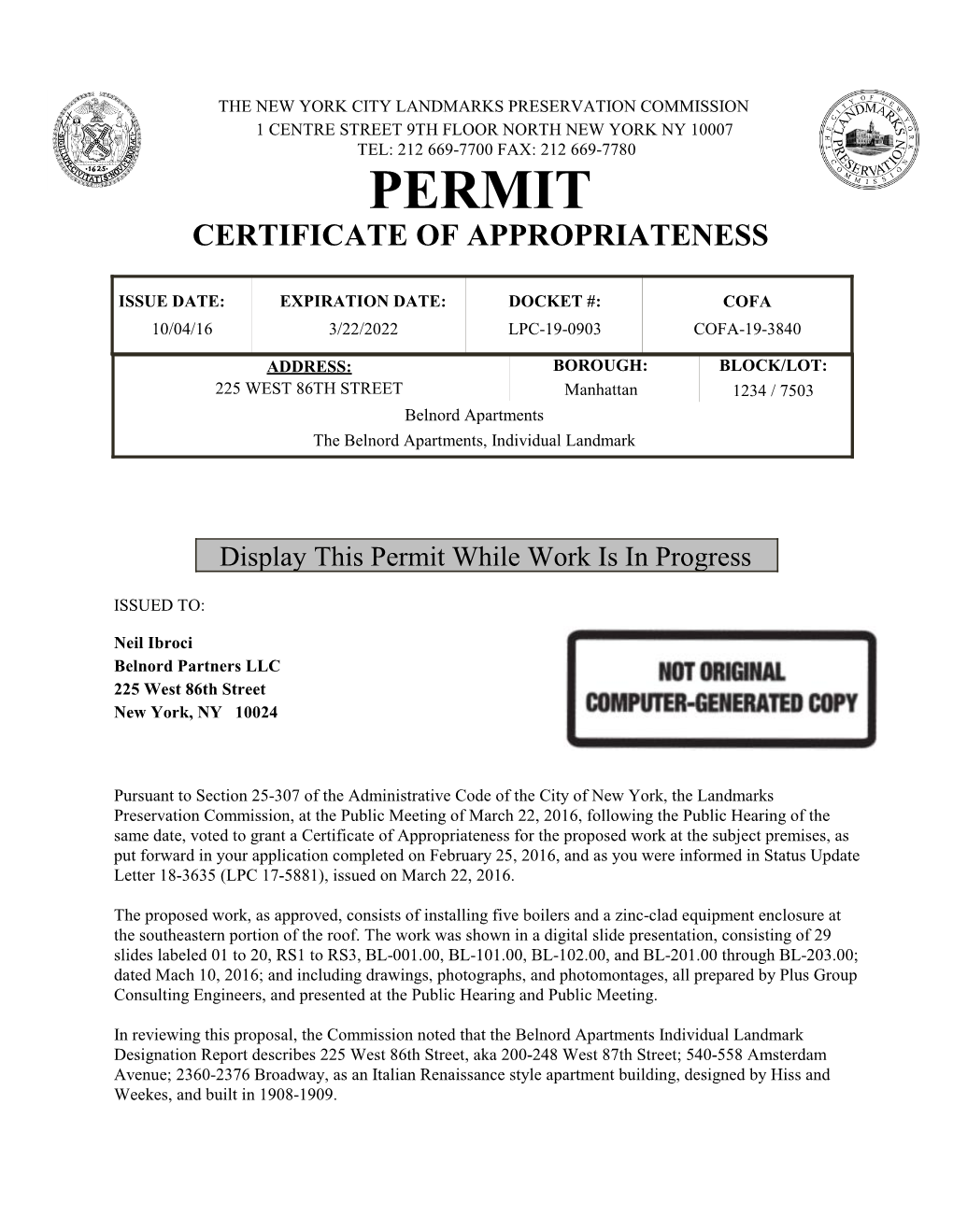 Permit Certificate of Appropriateness