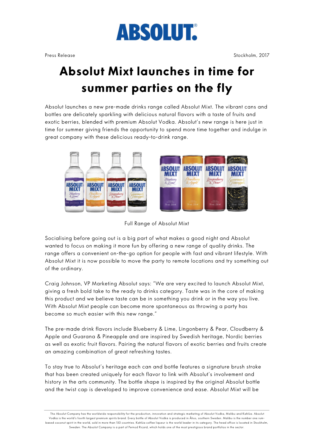 Absolut Mixt Launches in Time for Summer Parties on the Fly