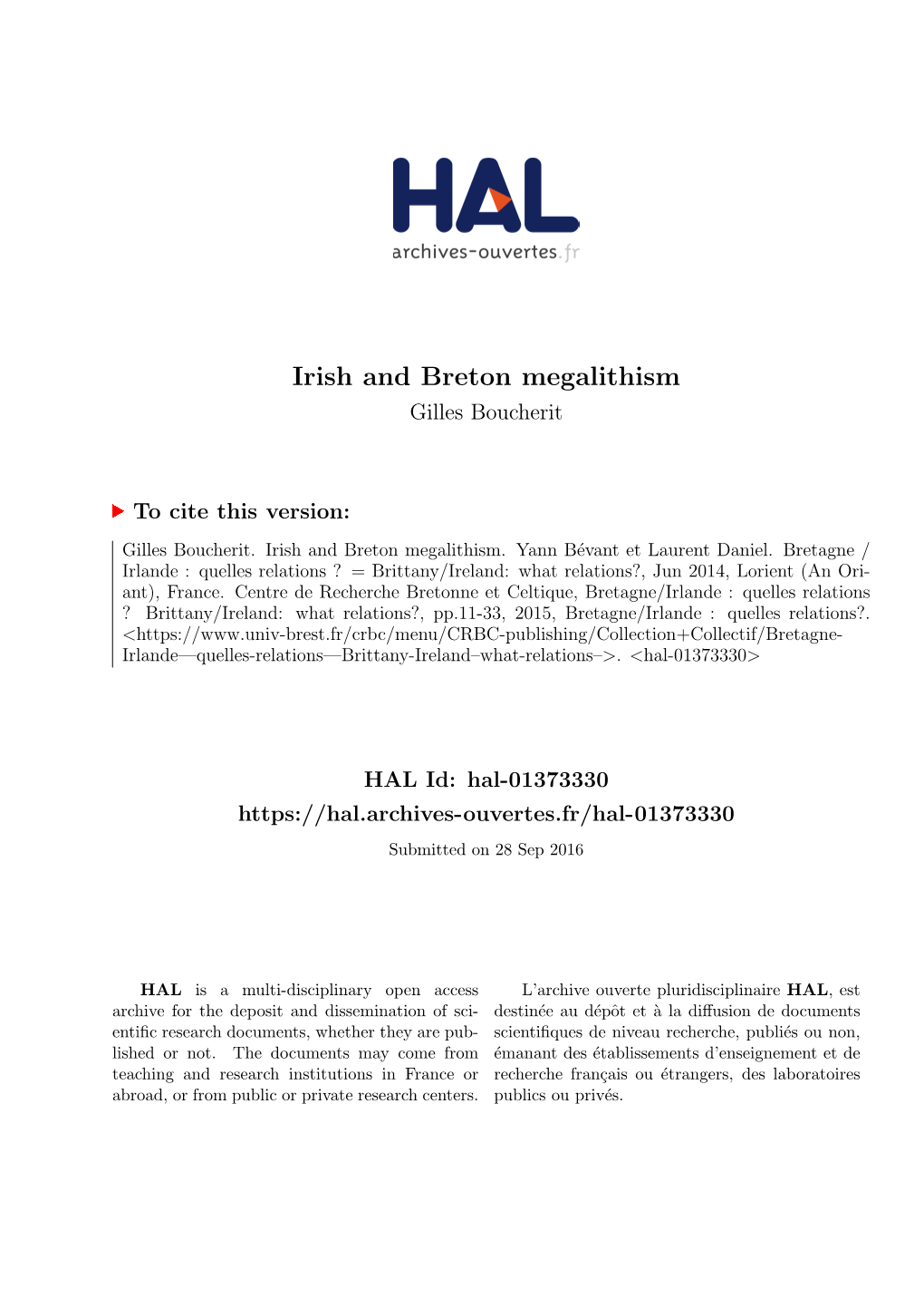 Irish and Breton Megalithism Gilles Boucherit
