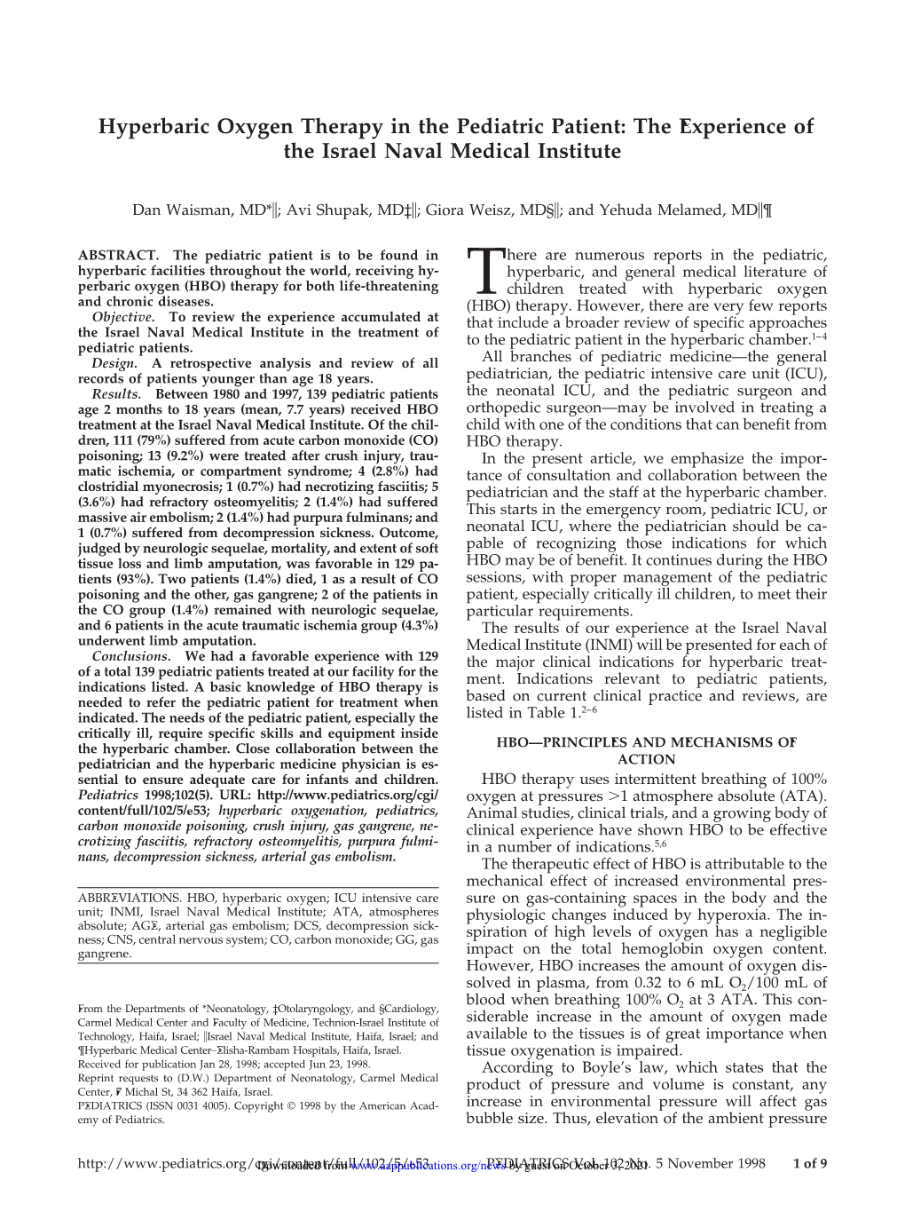 Hyperbaric Oxygen Therapy in the Pediatric Patient: the Experience of the Israel Naval Medical Institute