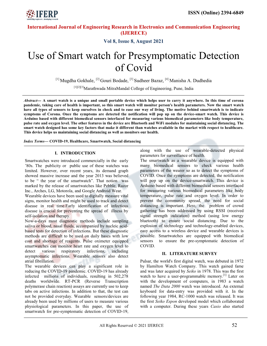 Use of Smart Watch for Presymptomatic Detection of Covid