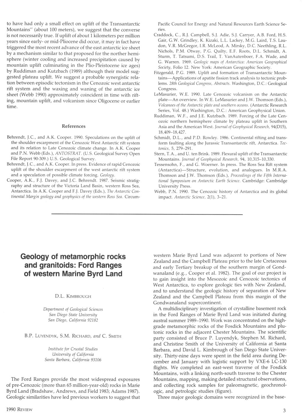 Geology of Metamorphic Rocks and Granitoids: Ford Ranges of Western