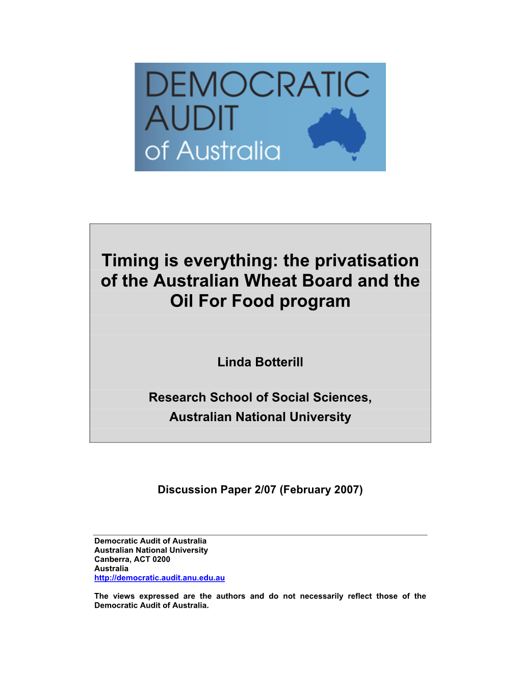 The Privatisation of the Australian Wheat Board and the Oil for Food Program
