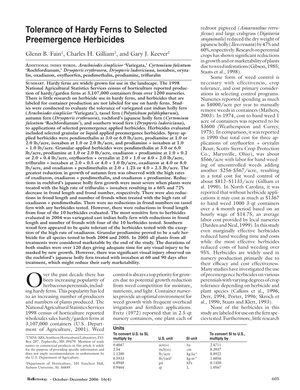 Tolerance of Hardy Ferns to Selected Preemergence Herbicides