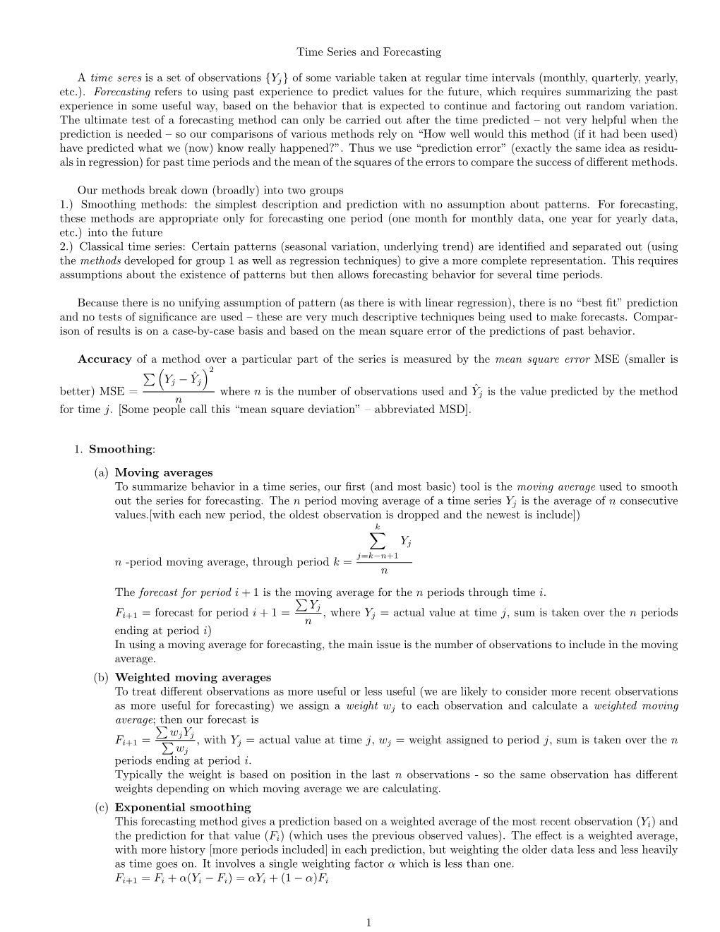 Time Series and Forecasting a Time Seres Is a Set of Observations {Y J}