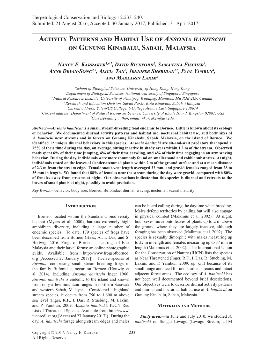 Activity Patterns and Habitat Use of Ansonia Hanitschi on Gunung Kinabalu, Sabah, Malaysia