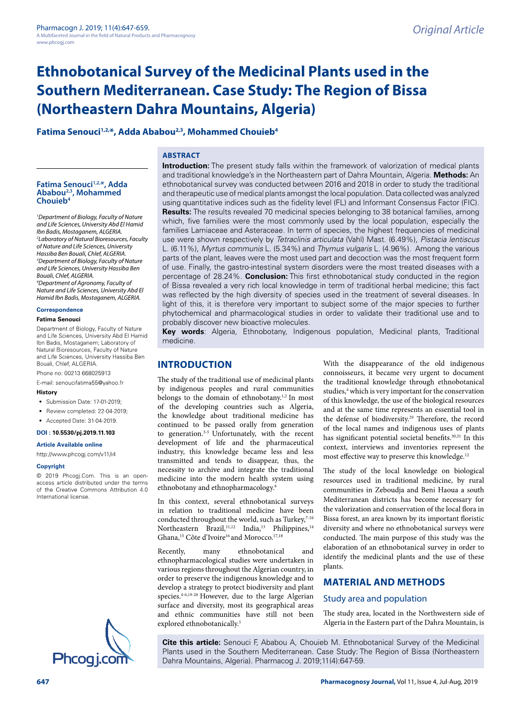 Ethnobotanical Survey of the Medicinal Plants Used in the Southern Mediterranean