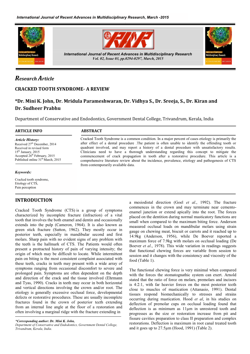 Research Article CRACKED TOOTH SYNDROME- a REVIEW *Dr. Mini