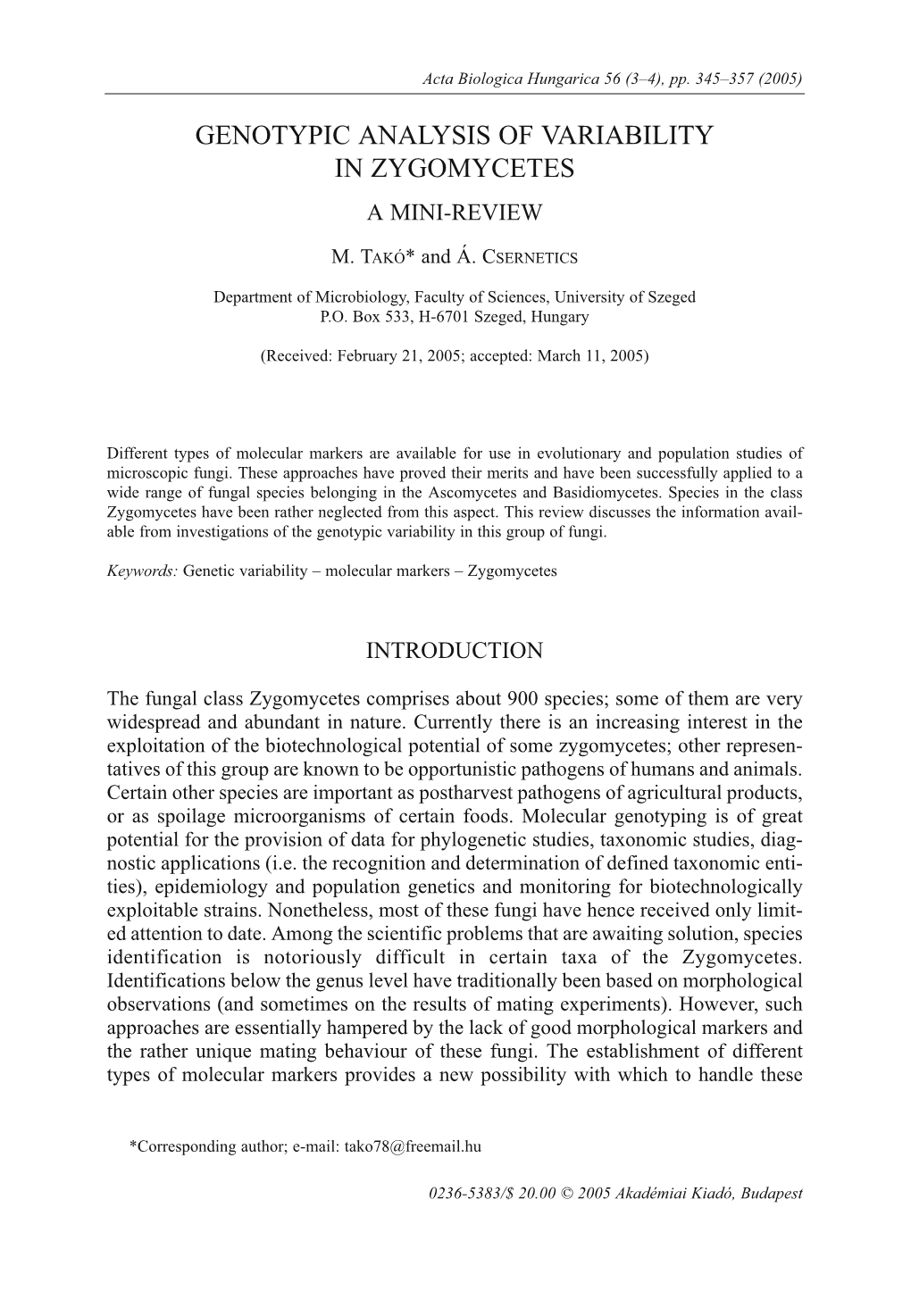 Genotypic Analysis of Variability in Zygomycetes a Mini-Review