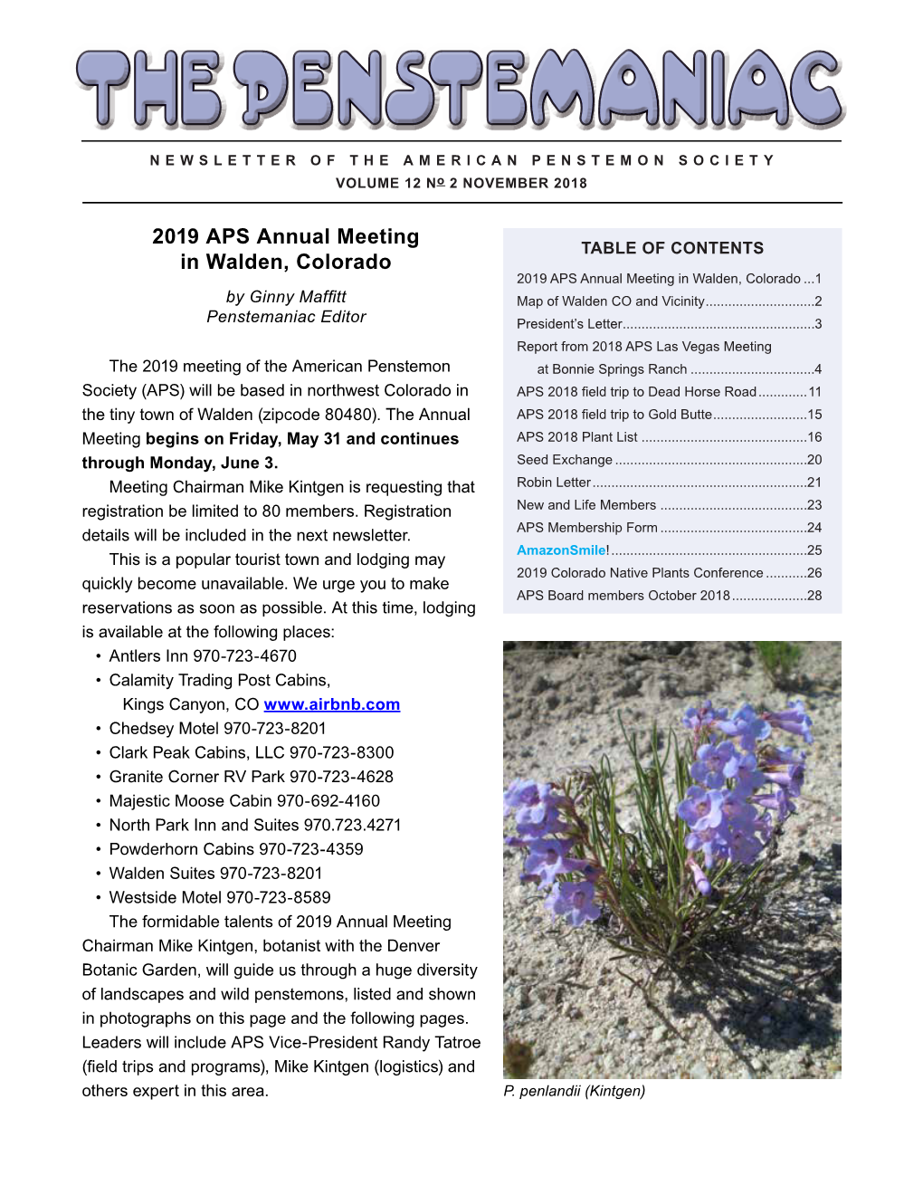 THE PENSTEMANIAC Newsletter of the American Penstemon Society Volume 12 No 2 November 2018