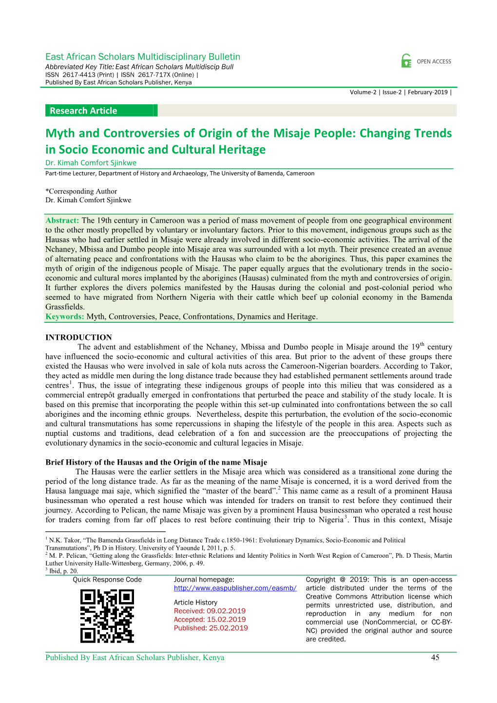 Myth and Controversies of Origin of the Misaje People: Changing Trends in Socio Economic and Cultural Heritage Dr