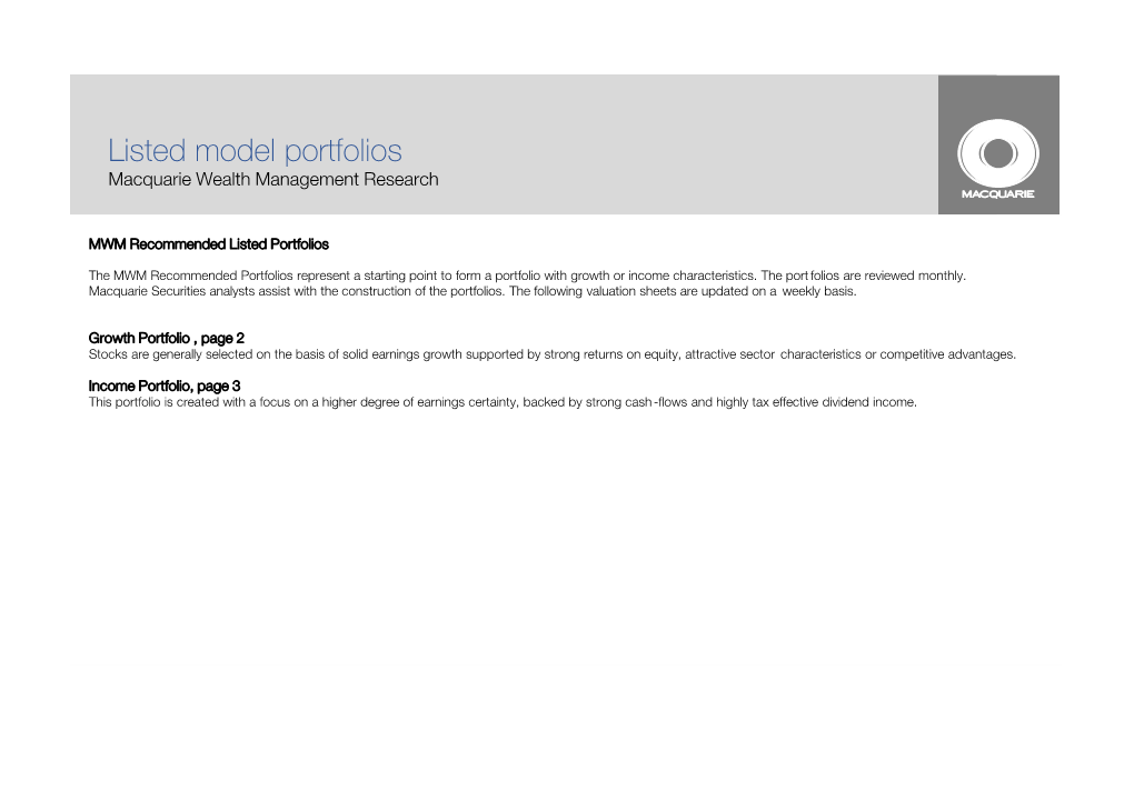 Listed Model Portfolios Macquarie Wealth Management Research