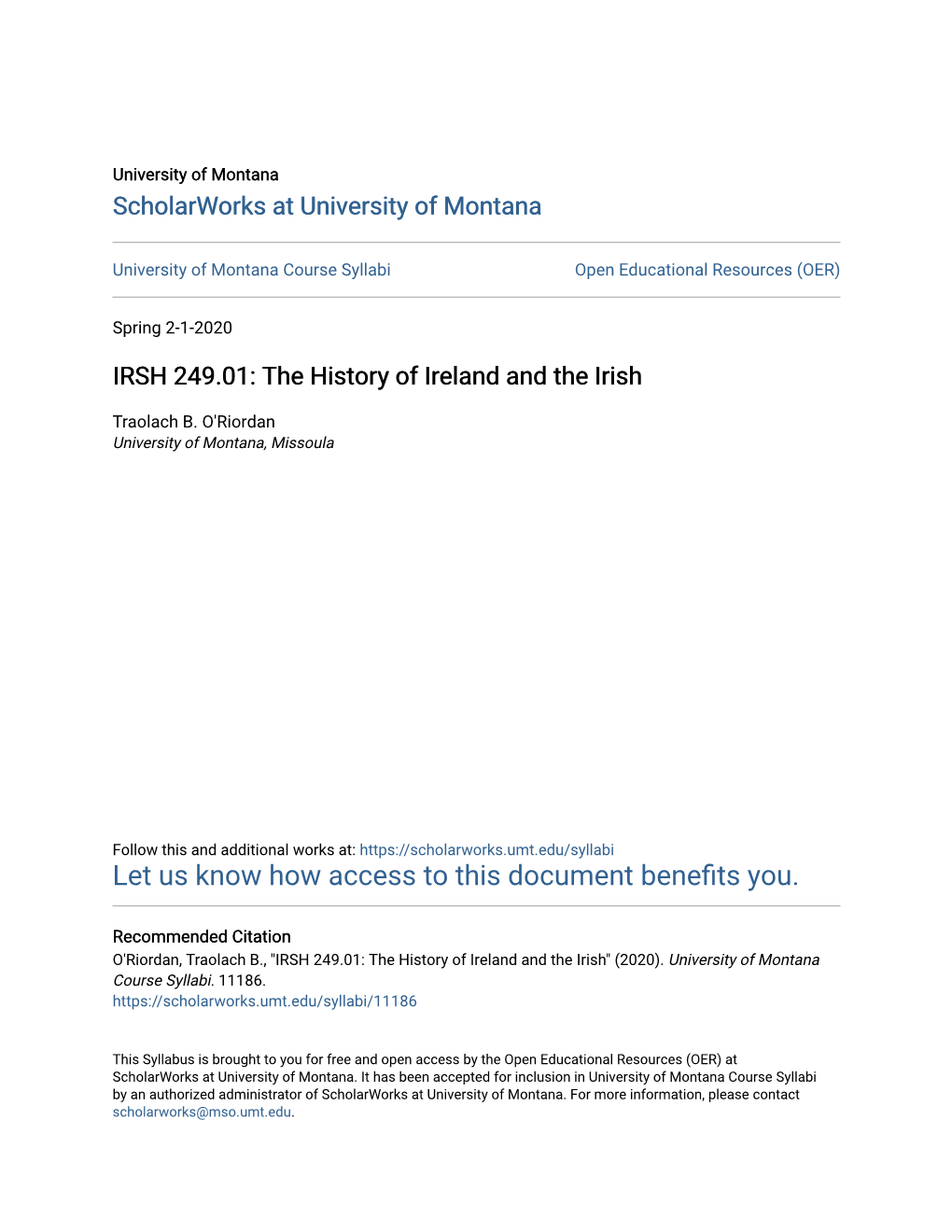IRSH 249.01: the History of Ireland and the Irish