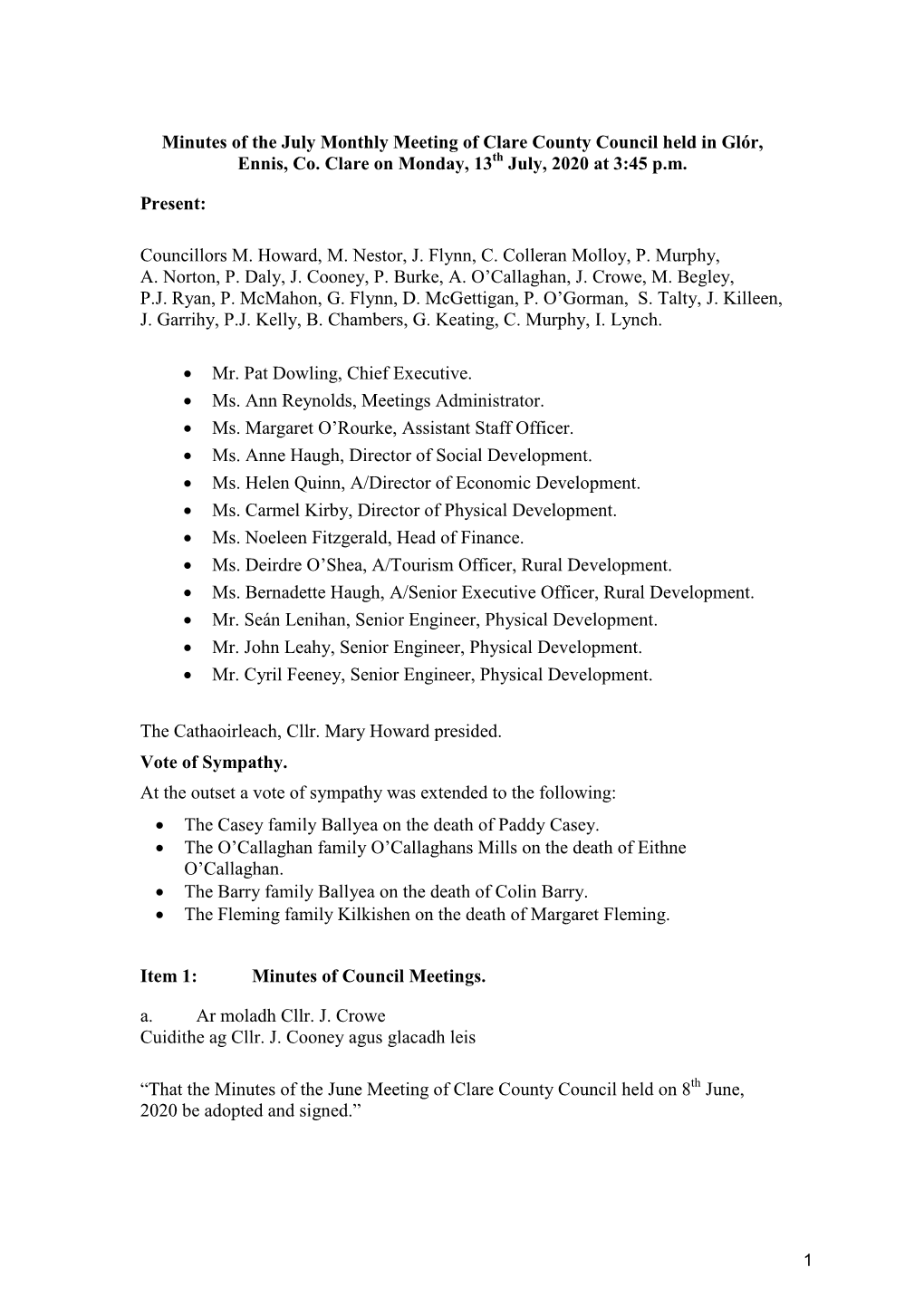 Minutes of July 2020 Meeting of Clare County Council