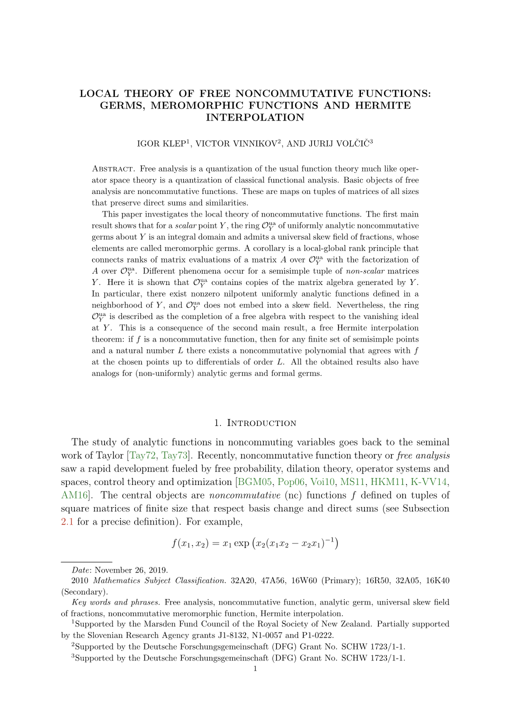 Local Theory of Free Noncommutative Functions: Germs, Meromorphic Functions and Hermite Interpolation