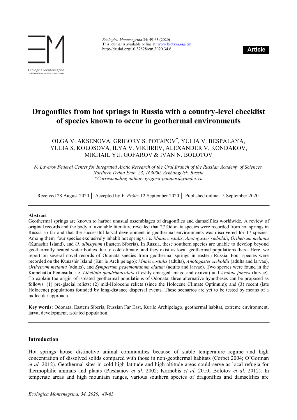 Dragonflies from Hot Springs in Russia with a Country-Level Checklist of Species Known to Occur in Geothermal Environments