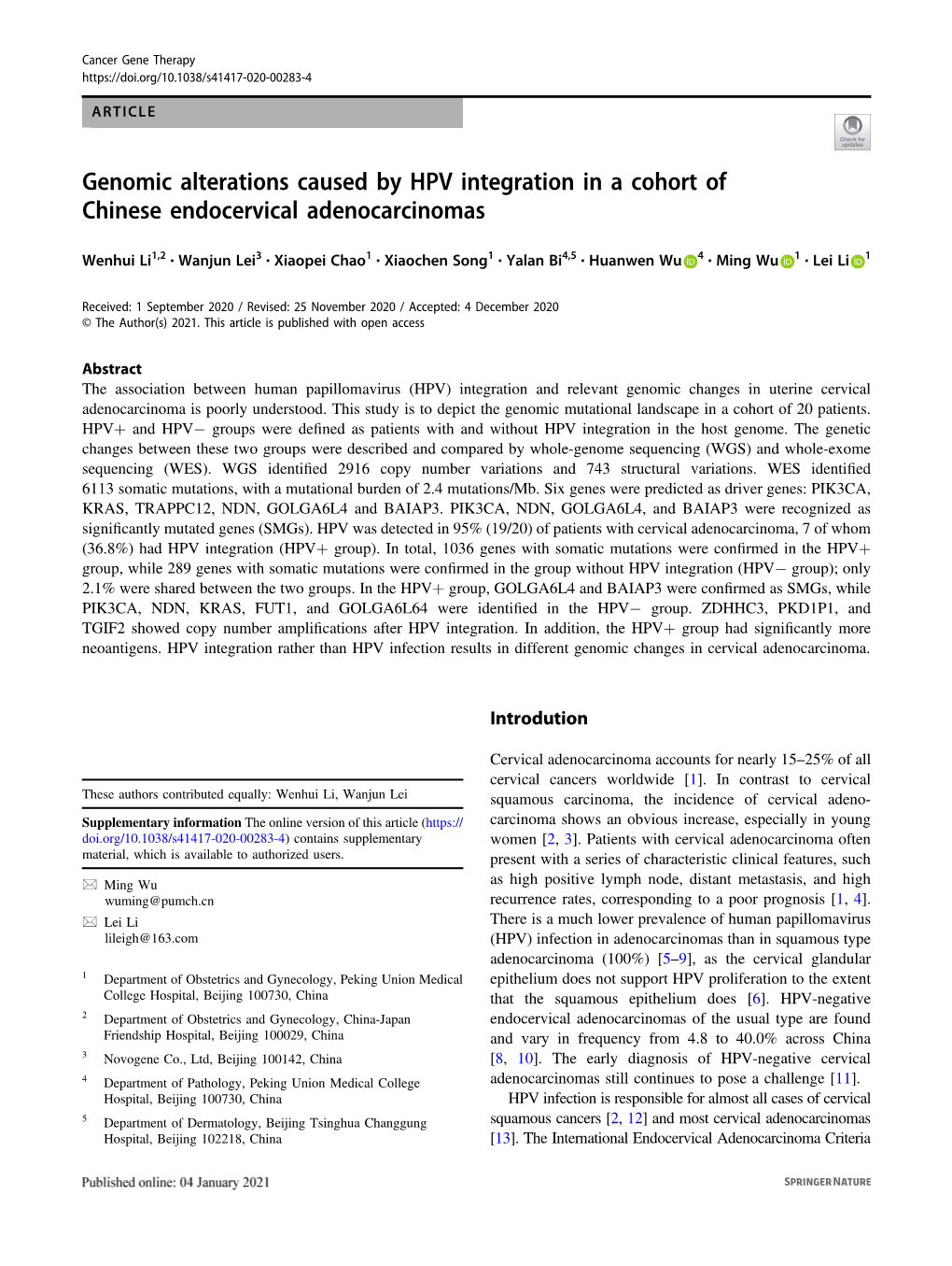 Genomic Alterations Caused by HPV Integration in a Cohort of Chinese Endocervical Adenocarcinomas