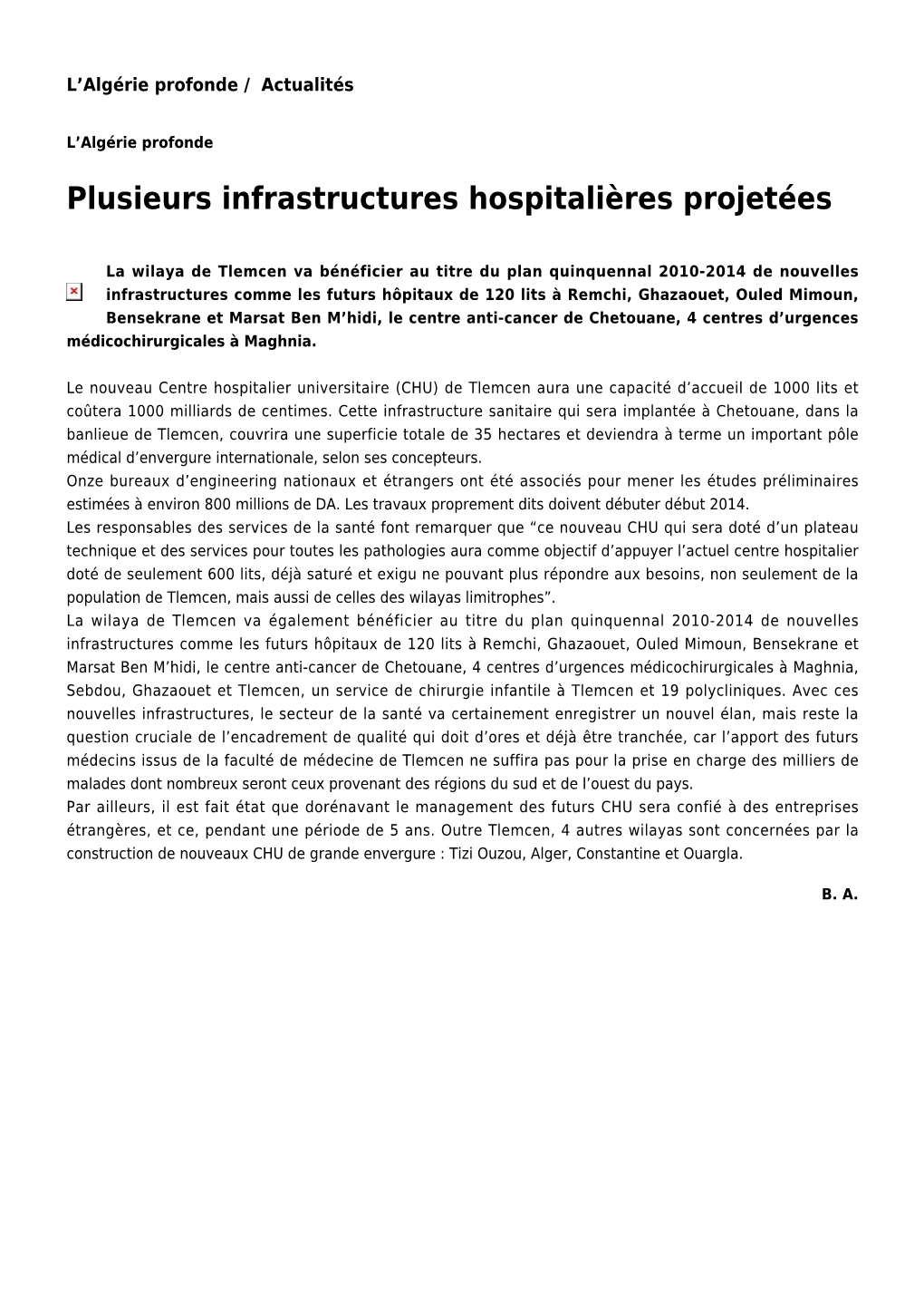 Plusieurs Infrastructures Hospitalières Projetées