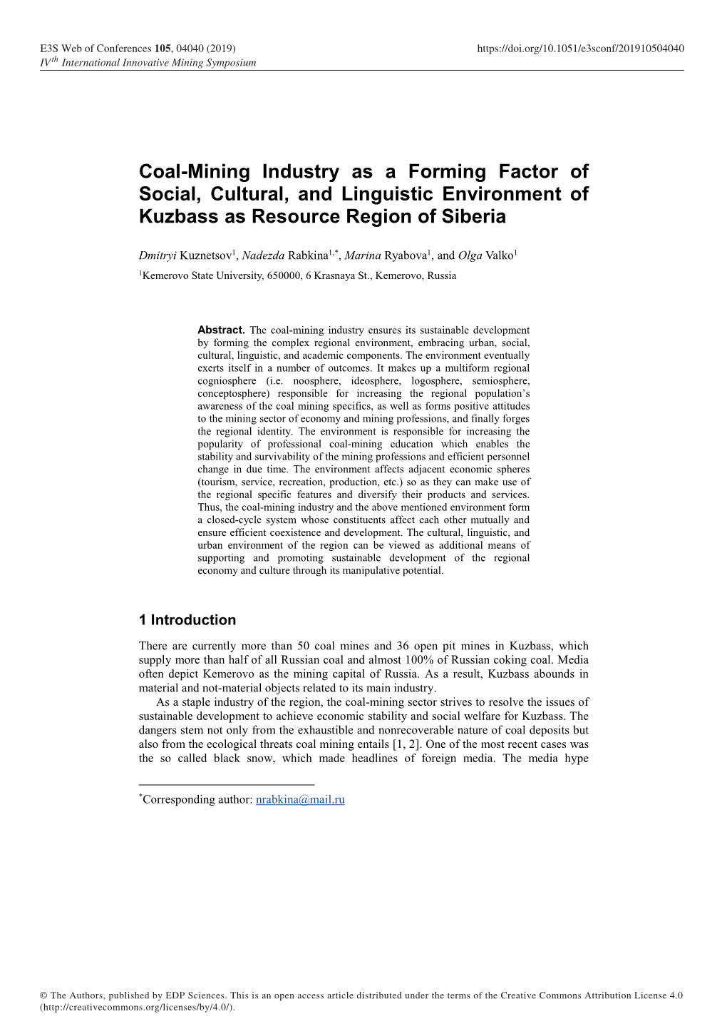 Coal-Mining Industry As a Forming Factor of Social, Cultural, and Linguistic Environment of Kuzbass As Resource Region of Siberia