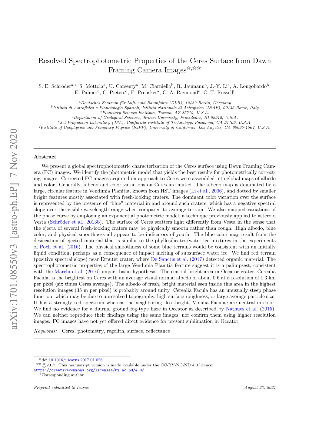 Arxiv:1701.08550V3 [Astro-Ph.EP] 7 Nov 2020 Keywords: Ceres, Photometry, Regolith, Surface, Reﬂectance