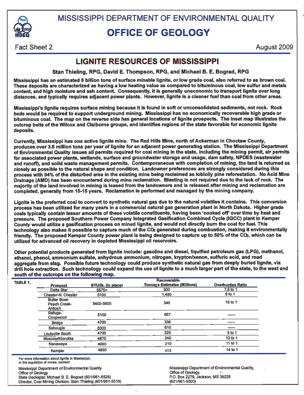 LIGNITE RESOURCES of MISSISSIPPI Stan Thieling, RPG, David E