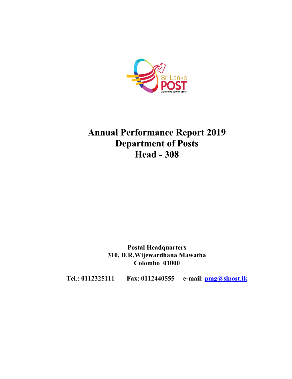 Annual Performance Report 2019 Department of Posts Head - 308