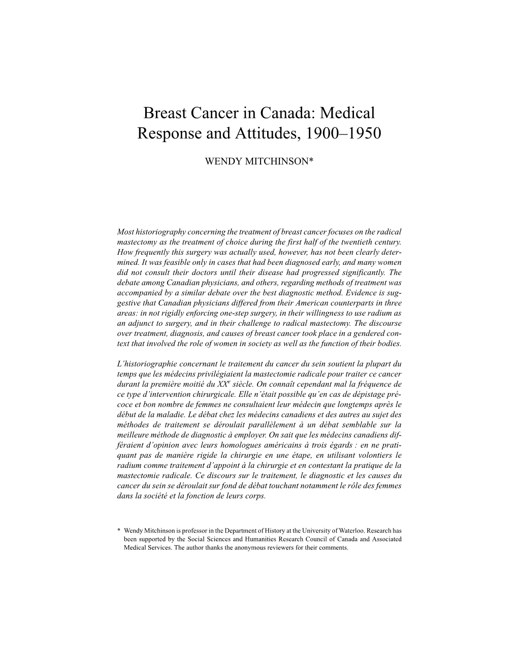 Breast Cancer in Canada: Medical Response and Attitudes, 1900–1950