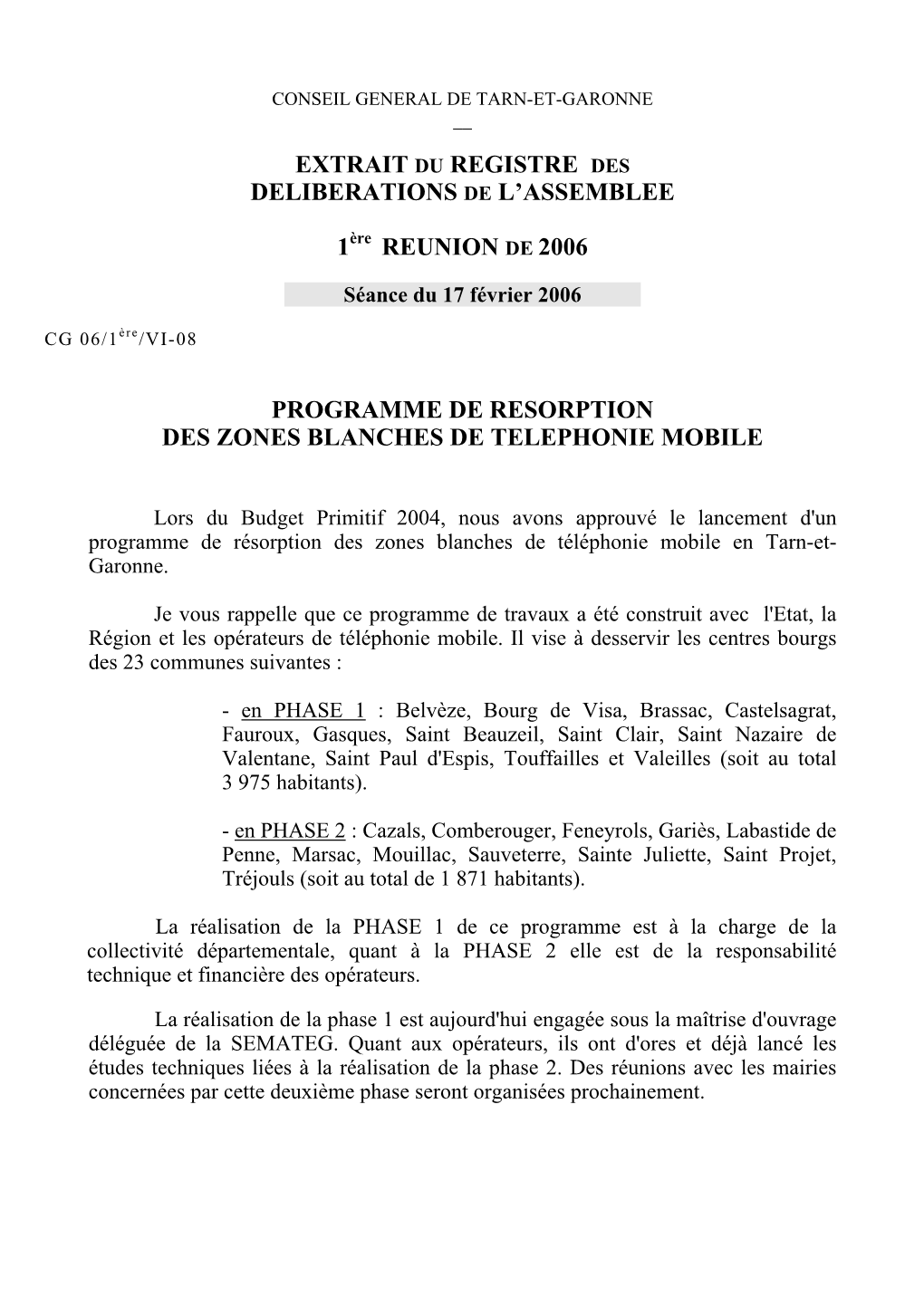 Programme De Resorption Des Zones Blanches De Telephonie Mobile