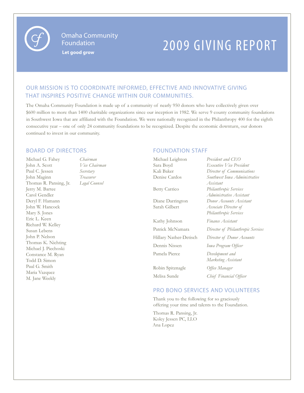 2009 Giving Report