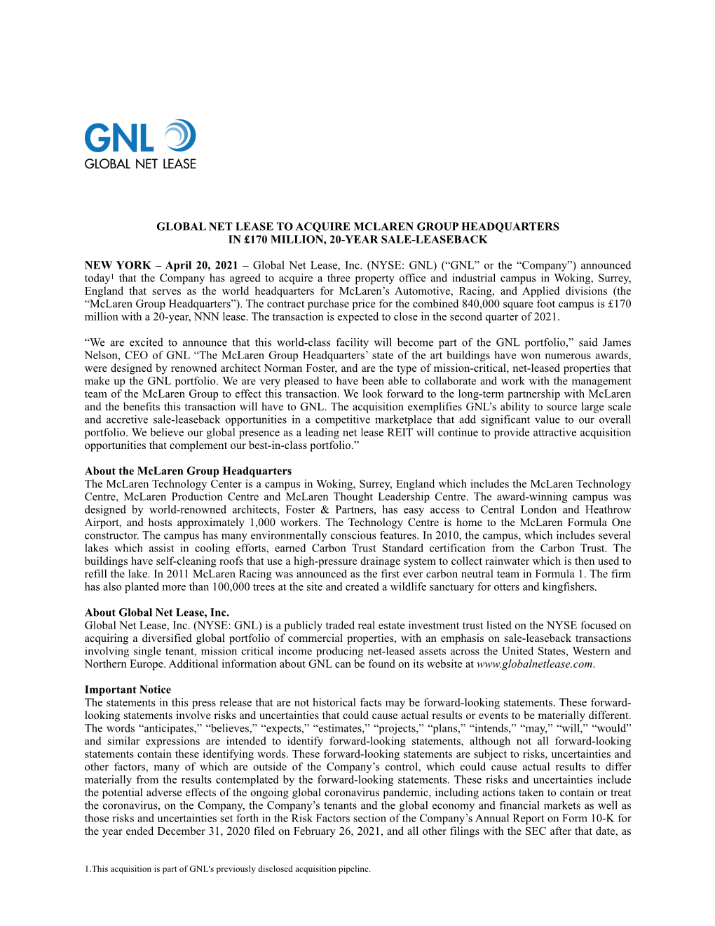 GNL-Mclaren Press Release